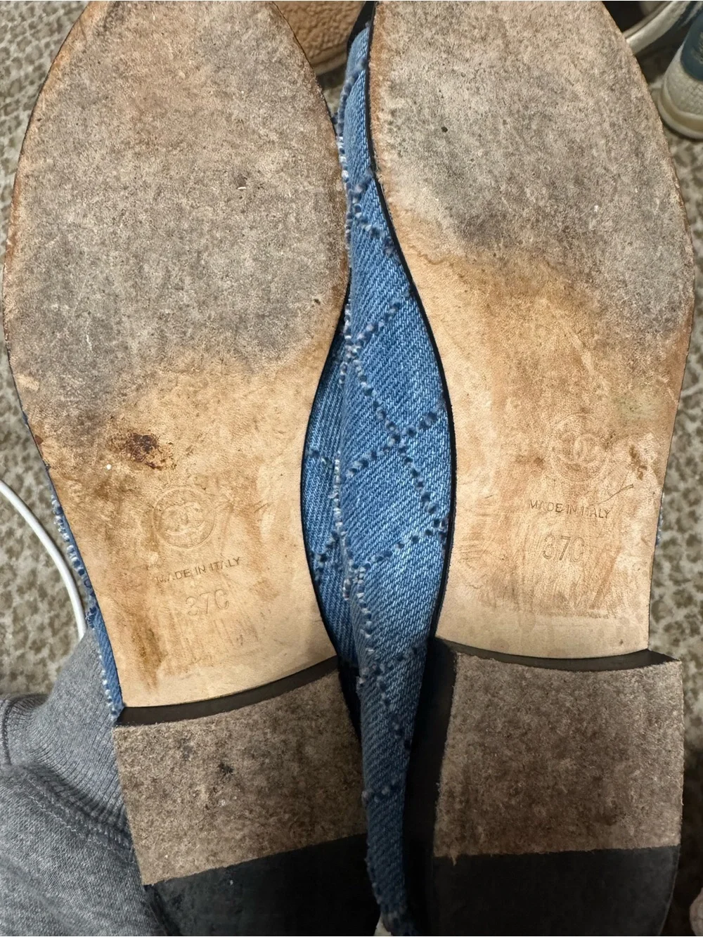 CHANEL Blue Denim and Black Cap-Toe Bow Flats